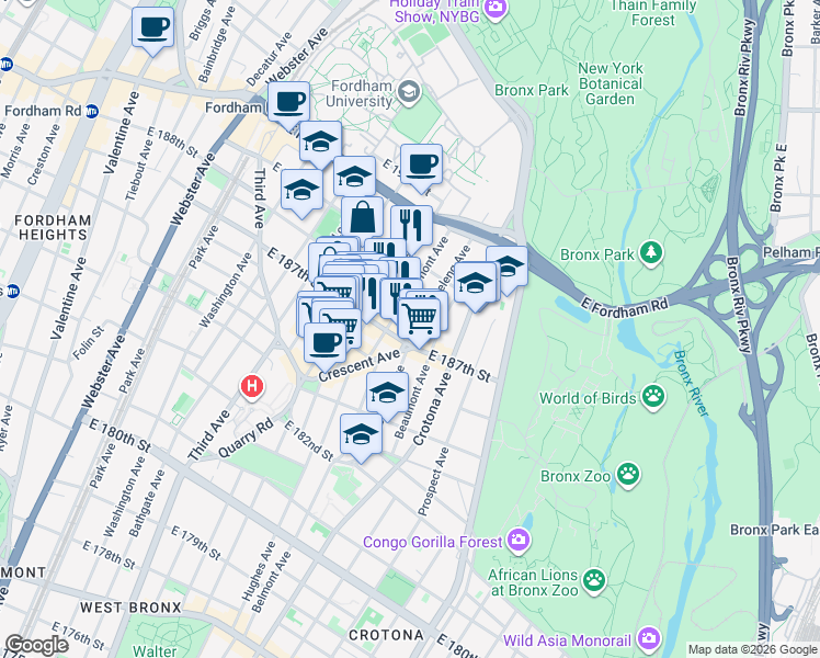 map of restaurants, bars, coffee shops, grocery stores, and more near in The Bronx
