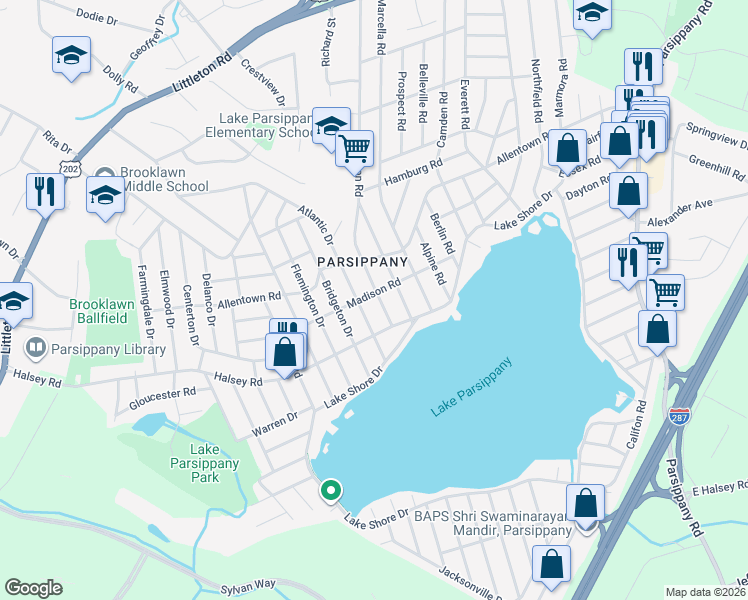 map of restaurants, bars, coffee shops, grocery stores, and more near 86 Atlantic Drive in Parsippany-Troy Hills