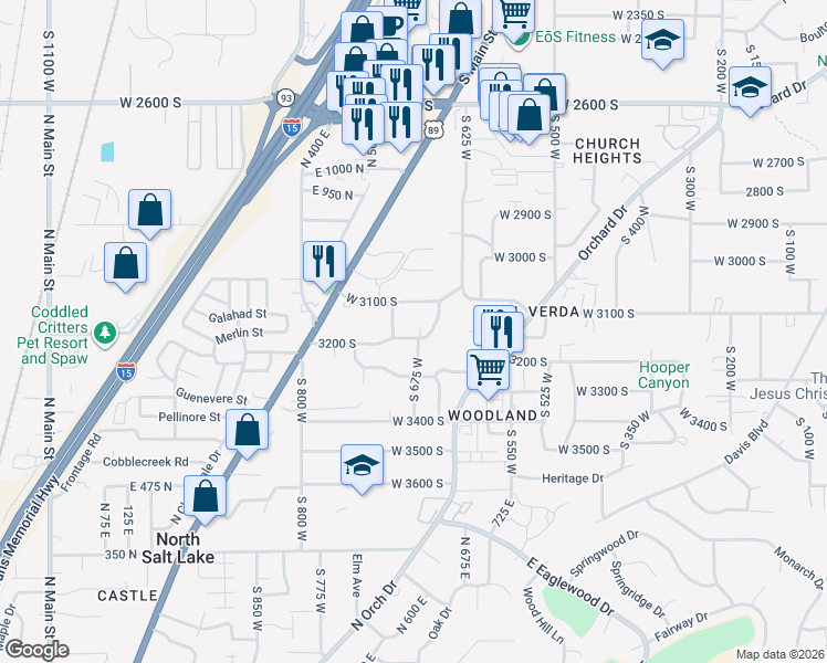 map of restaurants, bars, coffee shops, grocery stores, and more near 678 W 3200 S in Bountiful