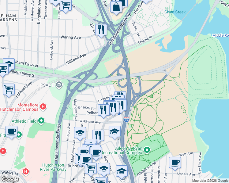 map of restaurants, bars, coffee shops, grocery stores, and more near 2105 Burr Avenue in Bronx
