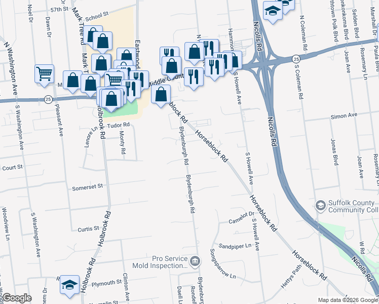 map of restaurants, bars, coffee shops, grocery stores, and more near 2 Kara Court in Centereach