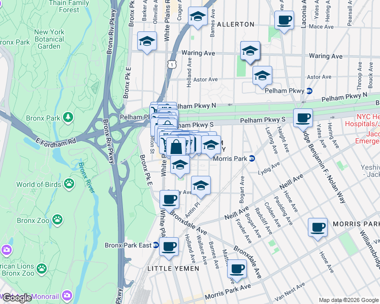 map of restaurants, bars, coffee shops, grocery stores, and more near 2152 Holland Avenue in Bronx
