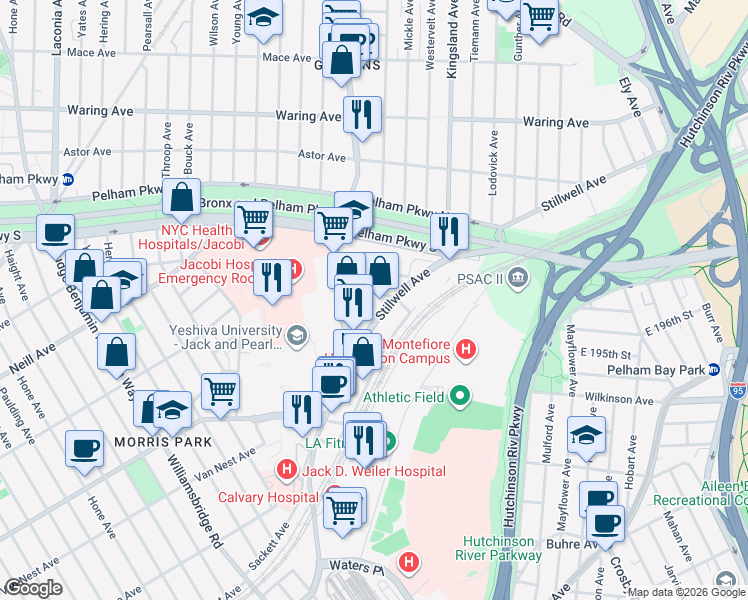 map of restaurants, bars, coffee shops, grocery stores, and more near 1551 McDonald Street in Bronx