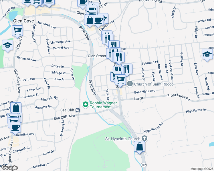 map of restaurants, bars, coffee shops, grocery stores, and more near Hazel Street in Glen Cove