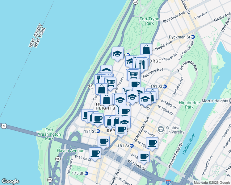 map of restaurants, bars, coffee shops, grocery stores, and more near W 187th St & Overlook Terrace in New York