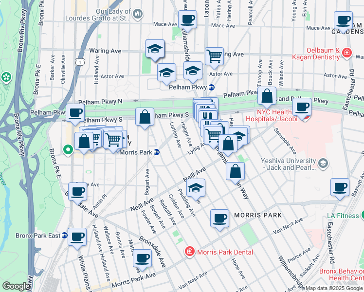 map of restaurants, bars, coffee shops, grocery stores, and more near 2140 Lurting Avenue in The Bronx