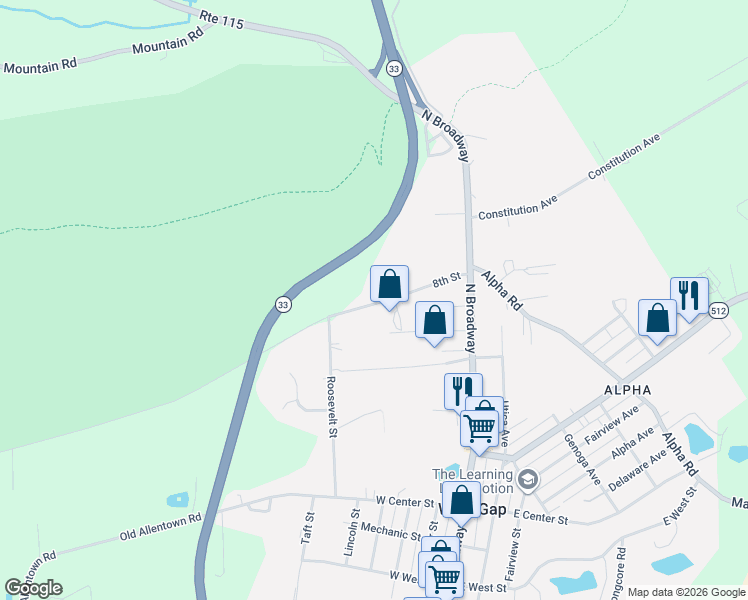 map of restaurants, bars, coffee shops, grocery stores, and more near 138 8th Street in Wind Gap