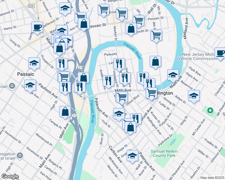 map of restaurants, bars, coffee shops, grocery stores, and more near 53 Main Avenue in Wallington