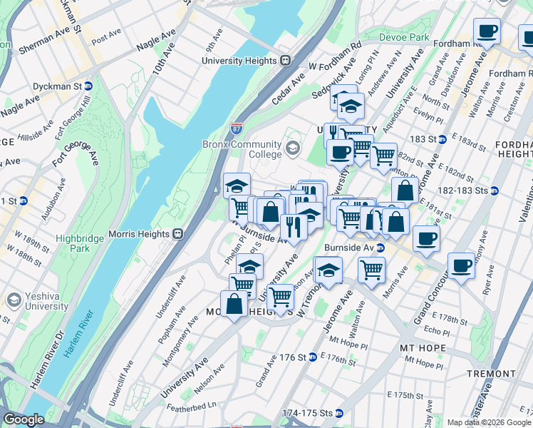 map of restaurants, bars, coffee shops, grocery stores, and more near 1944 Loring Place South in Bronx