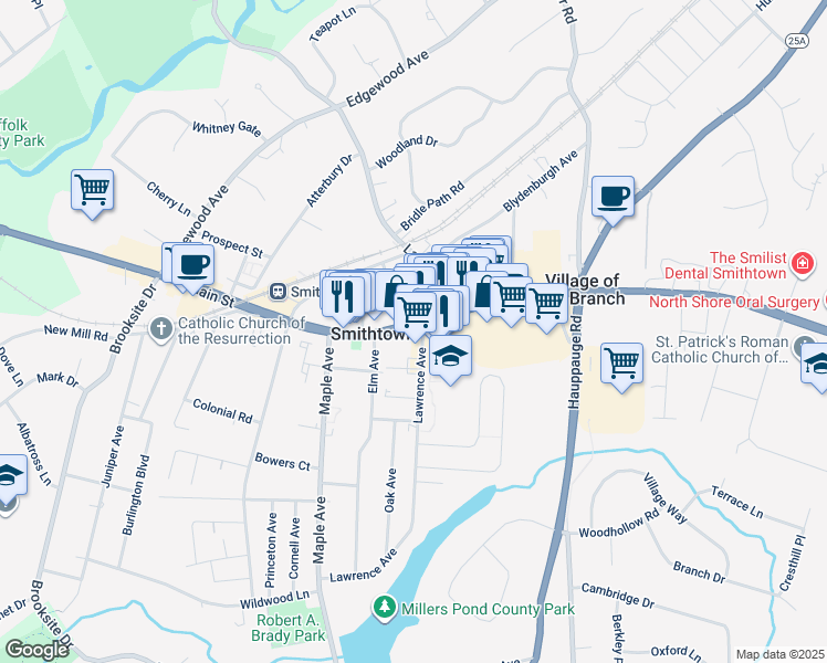 map of restaurants, bars, coffee shops, grocery stores, and more near 9-15 East Main Street in Smithtown