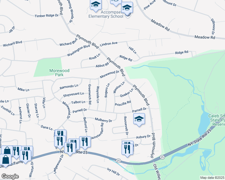 map of restaurants, bars, coffee shops, grocery stores, and more near 17 Rogers Lane in Smithtown