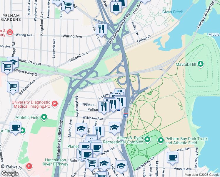 map of restaurants, bars, coffee shops, grocery stores, and more near 1910 Pelham Parkway South in Bronx