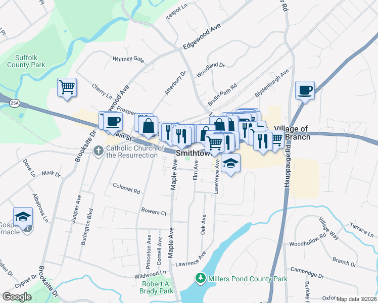 map of restaurants, bars, coffee shops, grocery stores, and more near in Smithtown