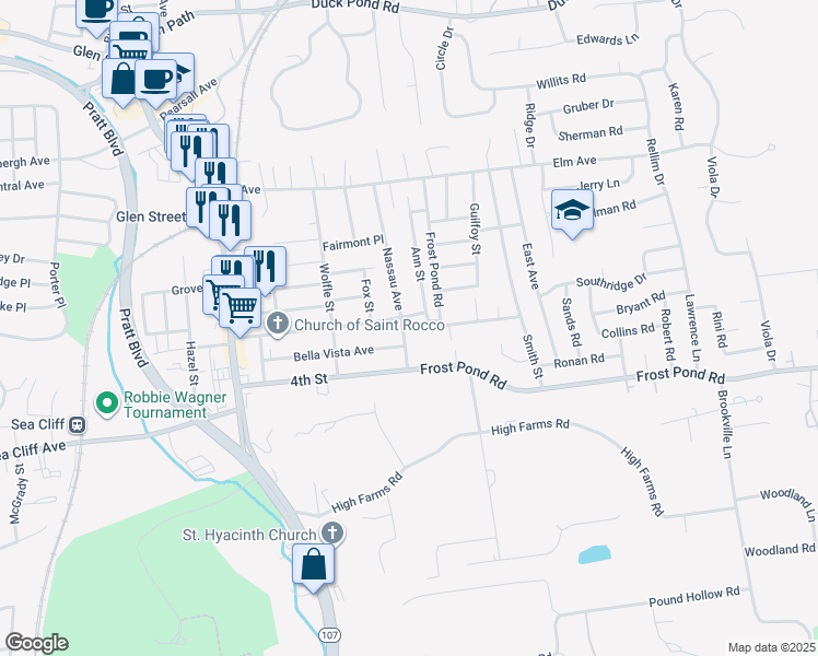 map of restaurants, bars, coffee shops, grocery stores, and more near 55 Nassau Avenue in Glen Cove