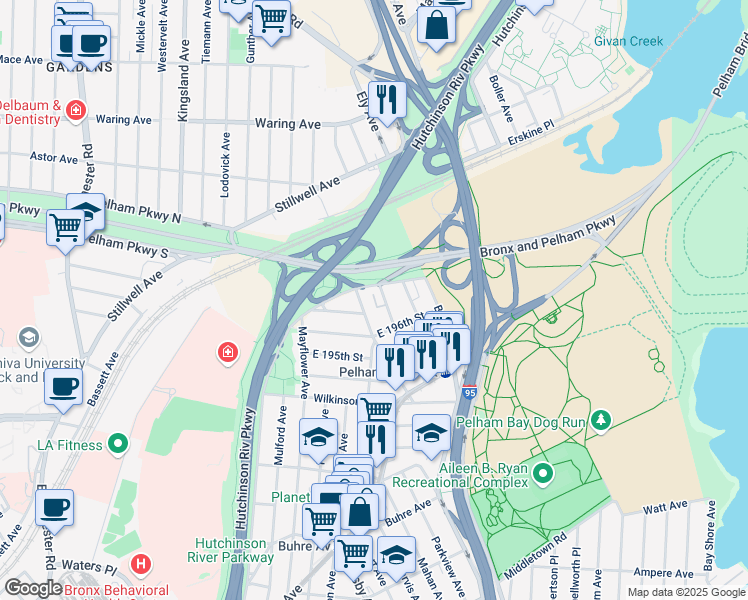 map of restaurants, bars, coffee shops, grocery stores, and more near 1850 Pelham Parkway South in Bronx