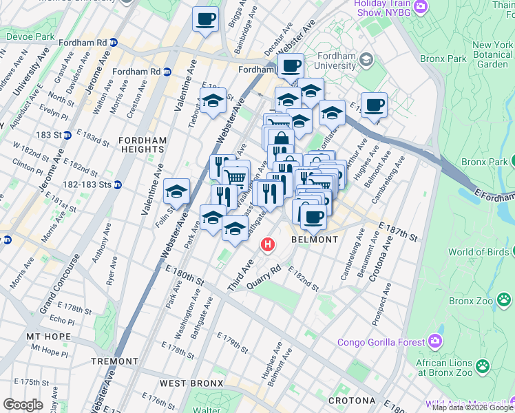 map of restaurants, bars, coffee shops, grocery stores, and more near in The Bronx