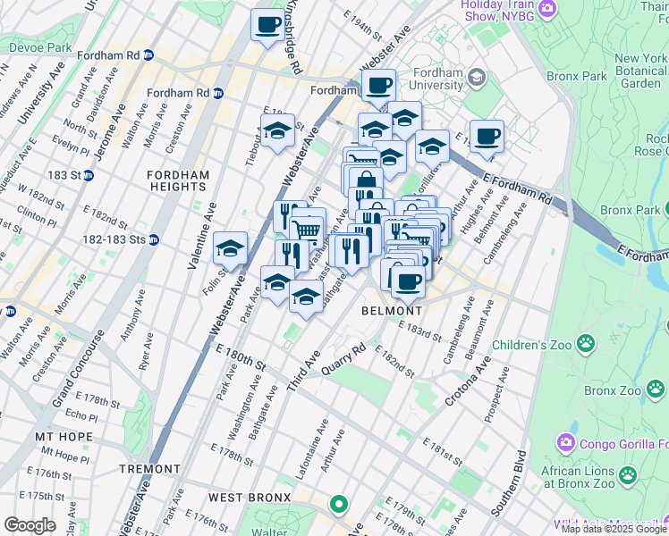 map of restaurants, bars, coffee shops, grocery stores, and more near in The Bronx