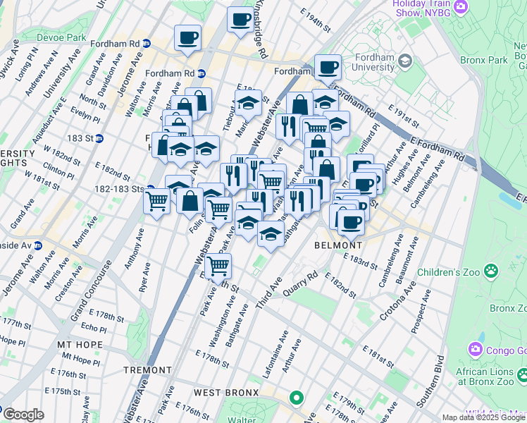 map of restaurants, bars, coffee shops, grocery stores, and more near in Bronx
