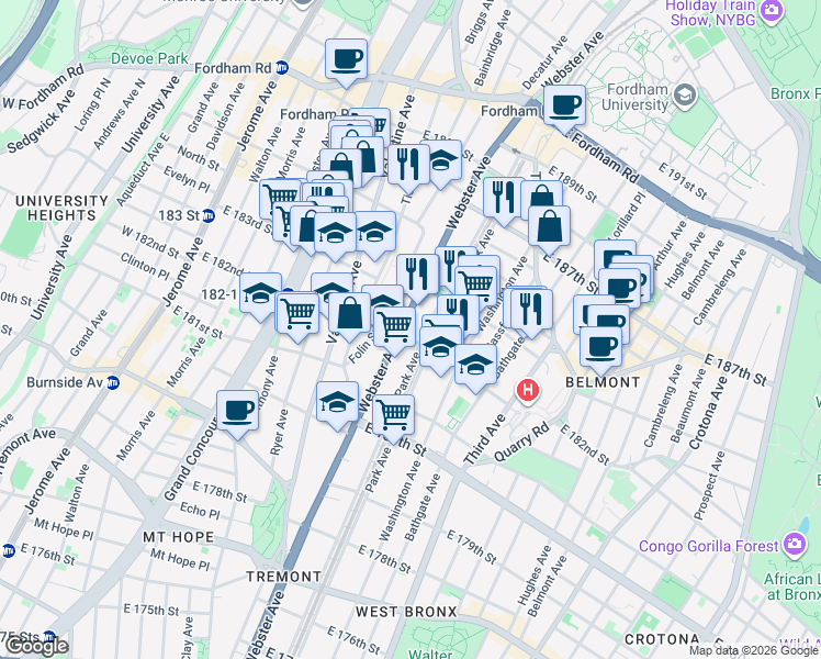 map of restaurants, bars, coffee shops, grocery stores, and more near in The Bronx