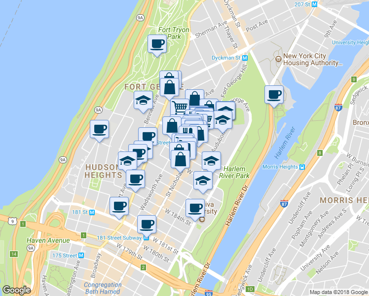 map of restaurants, bars, coffee shops, grocery stores, and more near 341 Wadsworth Avenue in New York