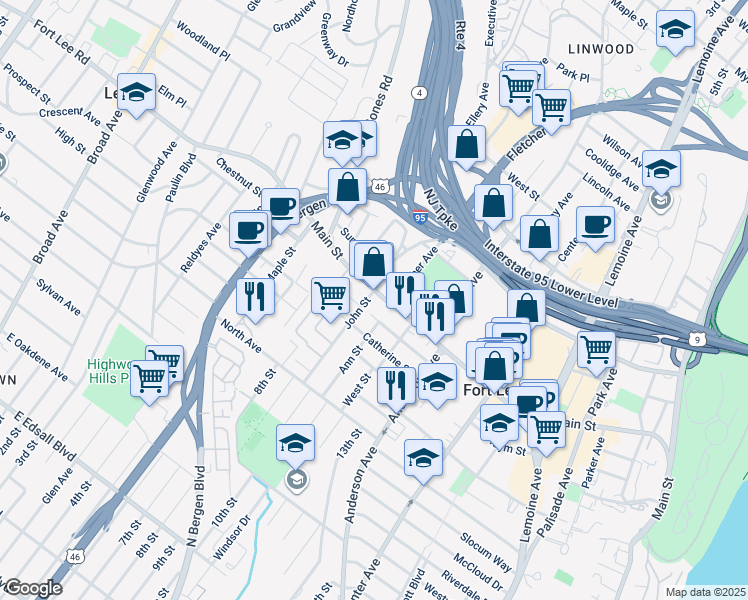 map of restaurants, bars, coffee shops, grocery stores, and more near in Fort Lee