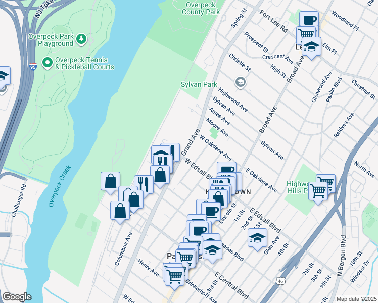 map of restaurants, bars, coffee shops, grocery stores, and more near 510 Grand Avenue in Palisades Park