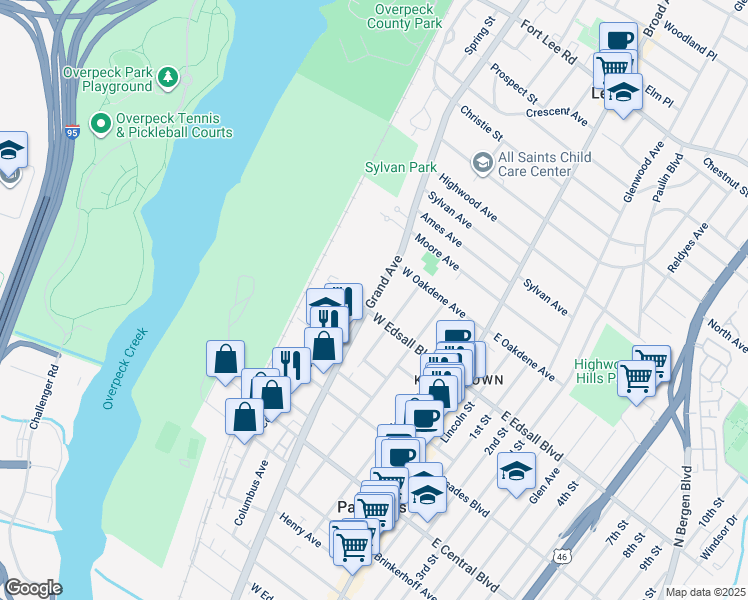 map of restaurants, bars, coffee shops, grocery stores, and more near 524 Grand Avenue in Palisades Park