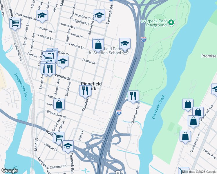 map of restaurants, bars, coffee shops, grocery stores, and more near 1 Morningside Lane in Ridgefield Park