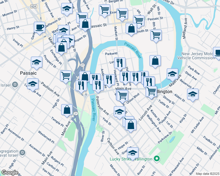map of restaurants, bars, coffee shops, grocery stores, and more near 91 Maple Avenue in Wallington
