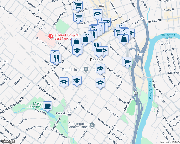 map of restaurants, bars, coffee shops, grocery stores, and more near 170 Passaic Avenue in Passaic