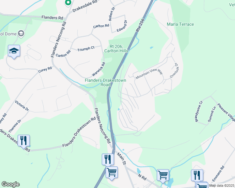 map of restaurants, bars, coffee shops, grocery stores, and more near 37 Oakwood Village in Flanders