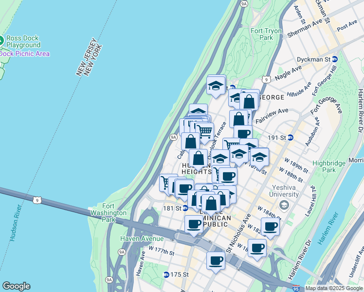map of restaurants, bars, coffee shops, grocery stores, and more near 220 Cabrini Boulevard in New York