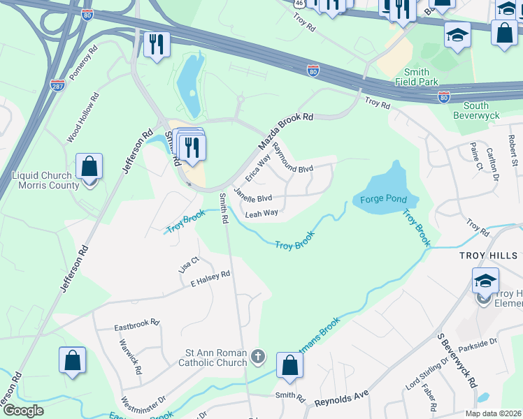 map of restaurants, bars, coffee shops, grocery stores, and more near 42 Leah Way in Parsippany-Troy Hills