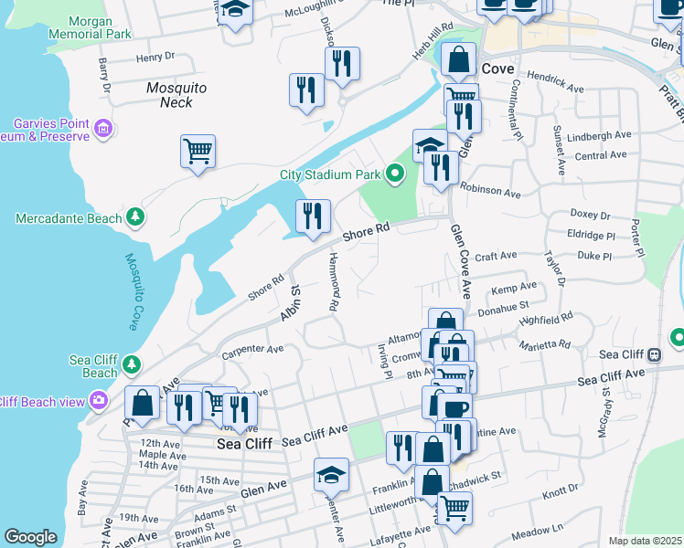 map of restaurants, bars, coffee shops, grocery stores, and more near 18 Hammond Road in Glen Cove