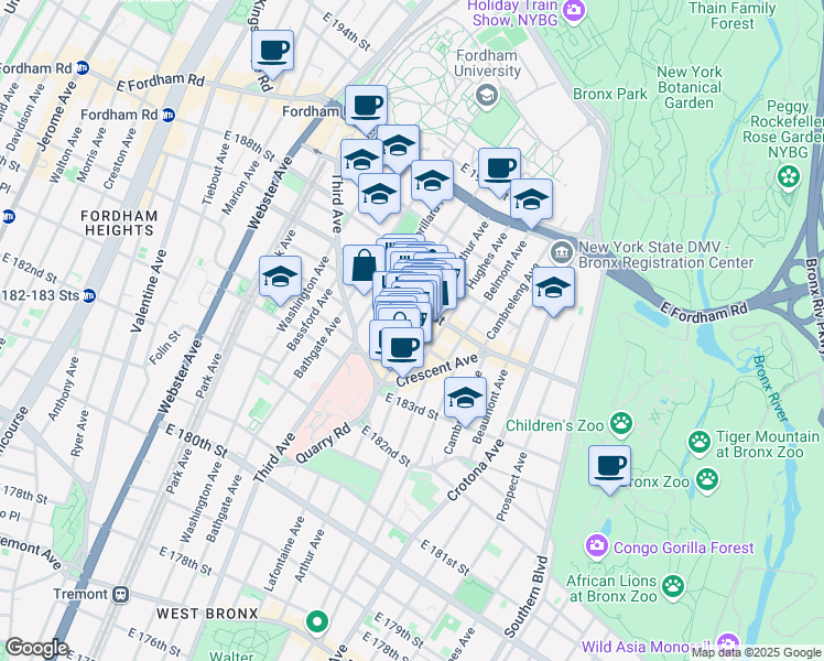 map of restaurants, bars, coffee shops, grocery stores, and more near in The Bronx