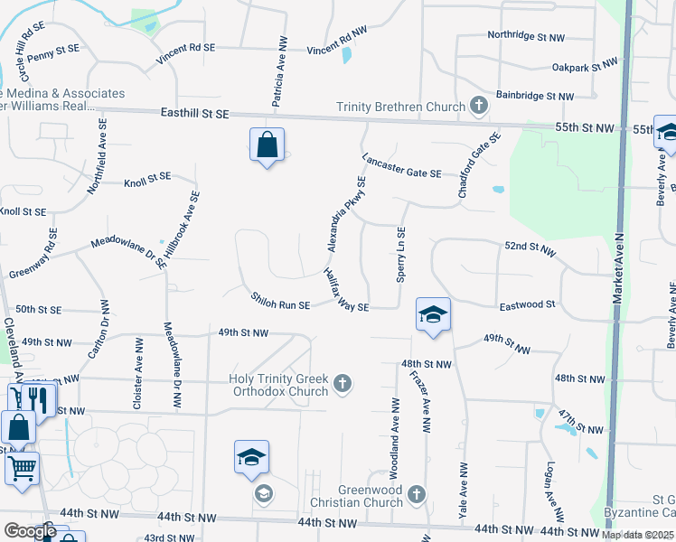 map of restaurants, bars, coffee shops, grocery stores, and more near 1576 Alexandria Parkway Southeast in North Canton