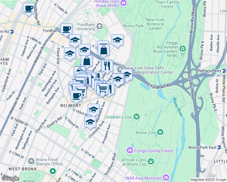 map of restaurants, bars, coffee shops, grocery stores, and more near 2445 Beaumont Avenue in Bronx
