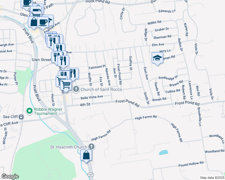 map of restaurants, bars, coffee shops, grocery stores, and more near 55 Nassau Avenue in Glen Cove