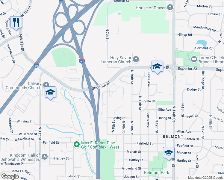 map of restaurants, bars, coffee shops, grocery stores, and more near 4400 North 7th Street in Lincoln