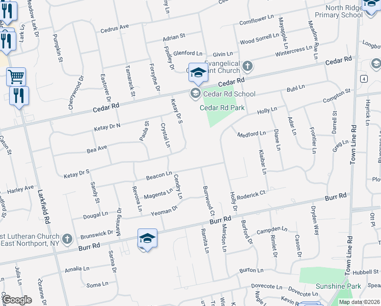 map of restaurants, bars, coffee shops, grocery stores, and more near 174 Ketay Drive South in East Northport