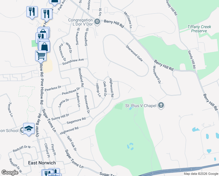 map of restaurants, bars, coffee shops, grocery stores, and more near 59 Oak Hill Drive in Oyster Bay