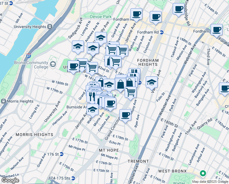 map of restaurants, bars, coffee shops, grocery stores, and more near 80 East 181st Street in Bronx