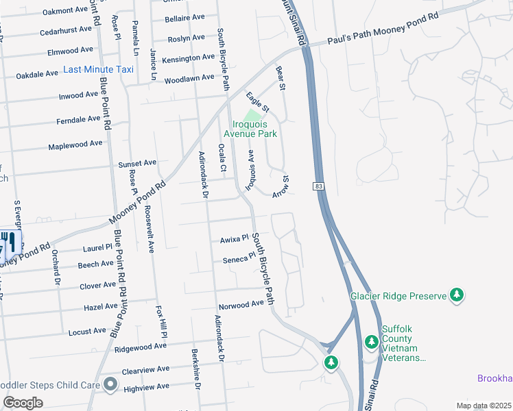 map of restaurants, bars, coffee shops, grocery stores, and more near 43 Arrow Street in Selden