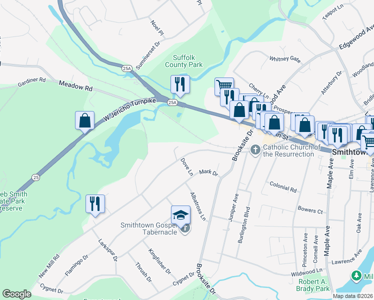 map of restaurants, bars, coffee shops, grocery stores, and more near 17 New Mill Road in Smithtown