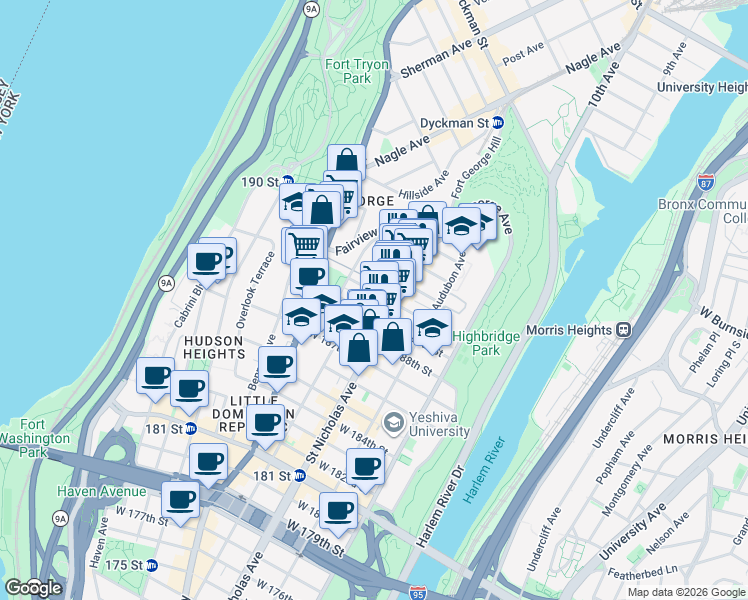 map of restaurants, bars, coffee shops, grocery stores, and more near 341 Wadsworth Avenue in New York