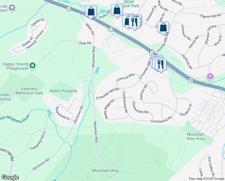 map of restaurants, bars, coffee shops, grocery stores, and more near 104 South Powder Mill Road in Morris Plains