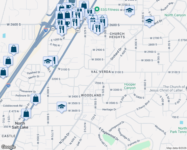 map of restaurants, bars, coffee shops, grocery stores, and more near 3139 South Crestview Circle in Bountiful