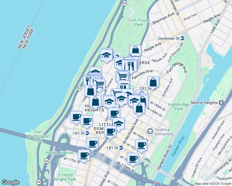 map of restaurants, bars, coffee shops, grocery stores, and more near Bennett Avenue in New York