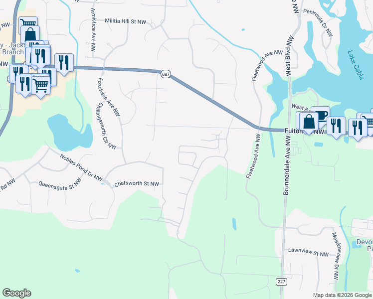 map of restaurants, bars, coffee shops, grocery stores, and more near 6385 Doral Drive Northwest in Canton