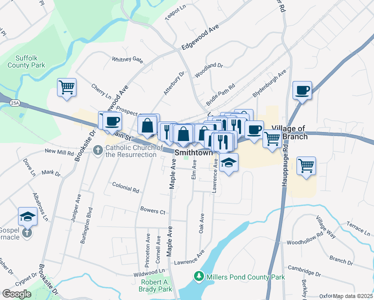 map of restaurants, bars, coffee shops, grocery stores, and more near in Smithtown